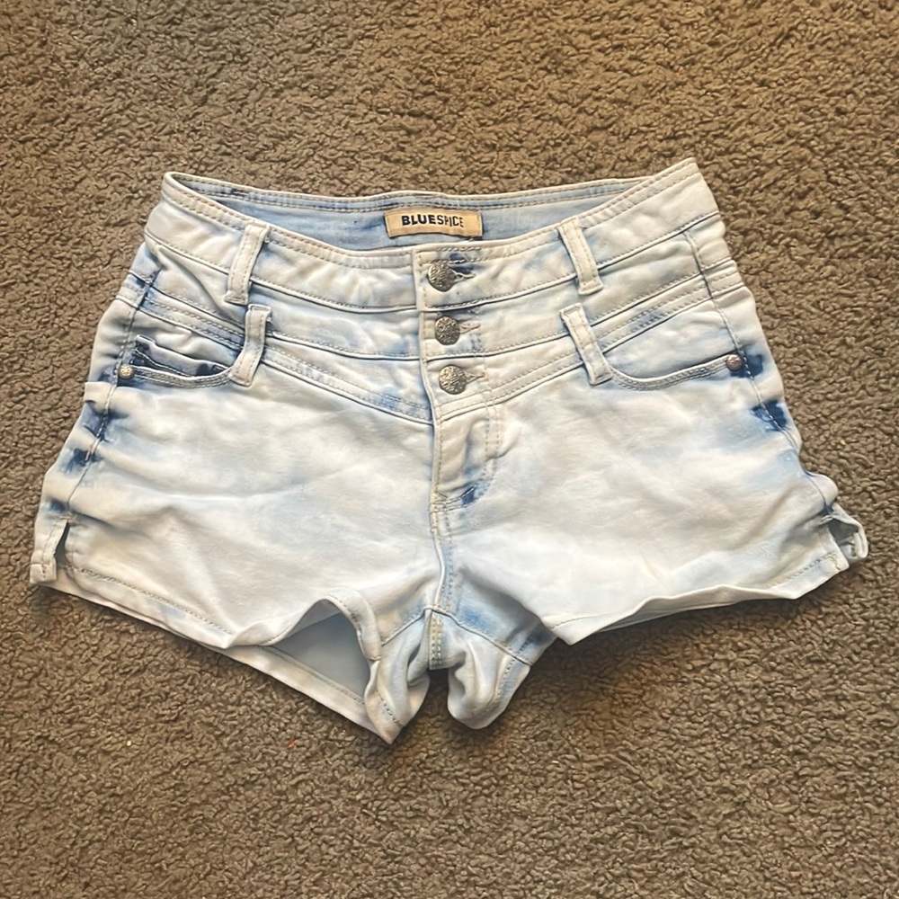 Blue and White Tie Dyed High Waisted Jean Shorts